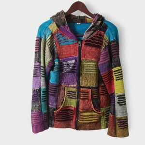 Rising International Patchwork Boho Hippie Zip Up Hoodie Jacket Nepal Medium